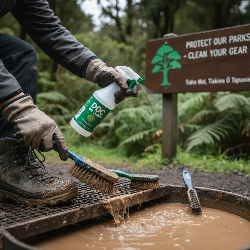 Hiker cleaning boots at a biosecurity station