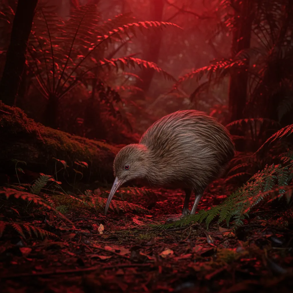 Kiwi bird foraging at night