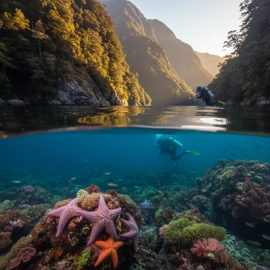 Split shot showing the tannin-stained freshwater layer above clear seawater in Fiordland