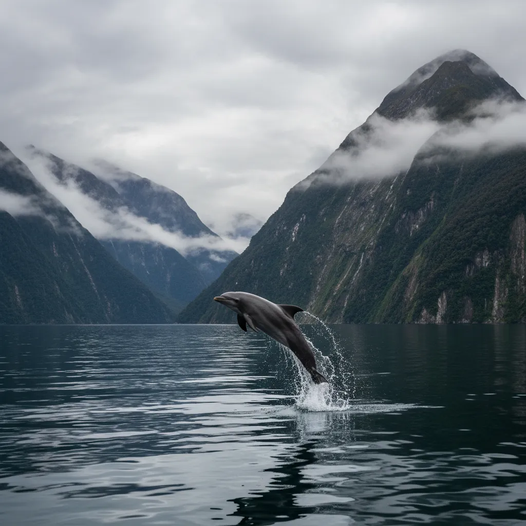 Bottlenose dolphin breaching in the misty waters of Doubtful Sound