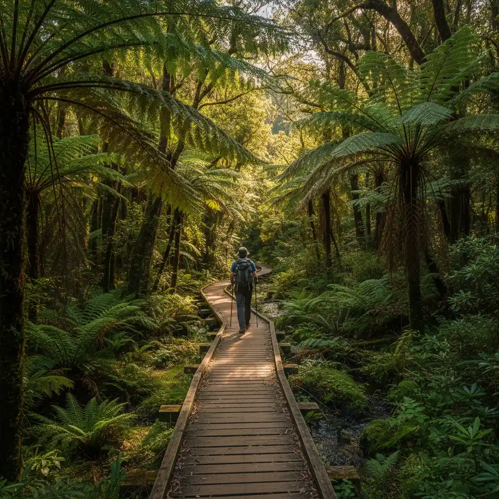 Hiker on a boardwalk in New Zealand native forest practicing eco-friendly travel