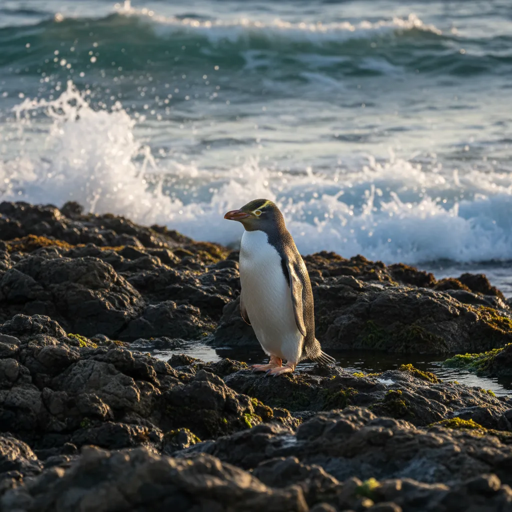 Yellow-eyed Penguin Hoiho on the rocky coast of New Zealand