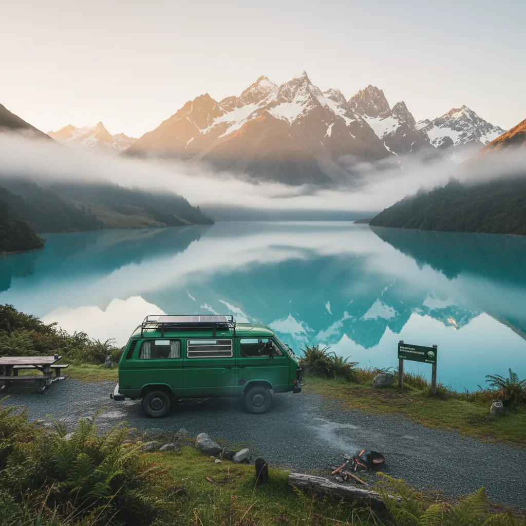 Campervan at a scenic DOC campsite in New Zealand