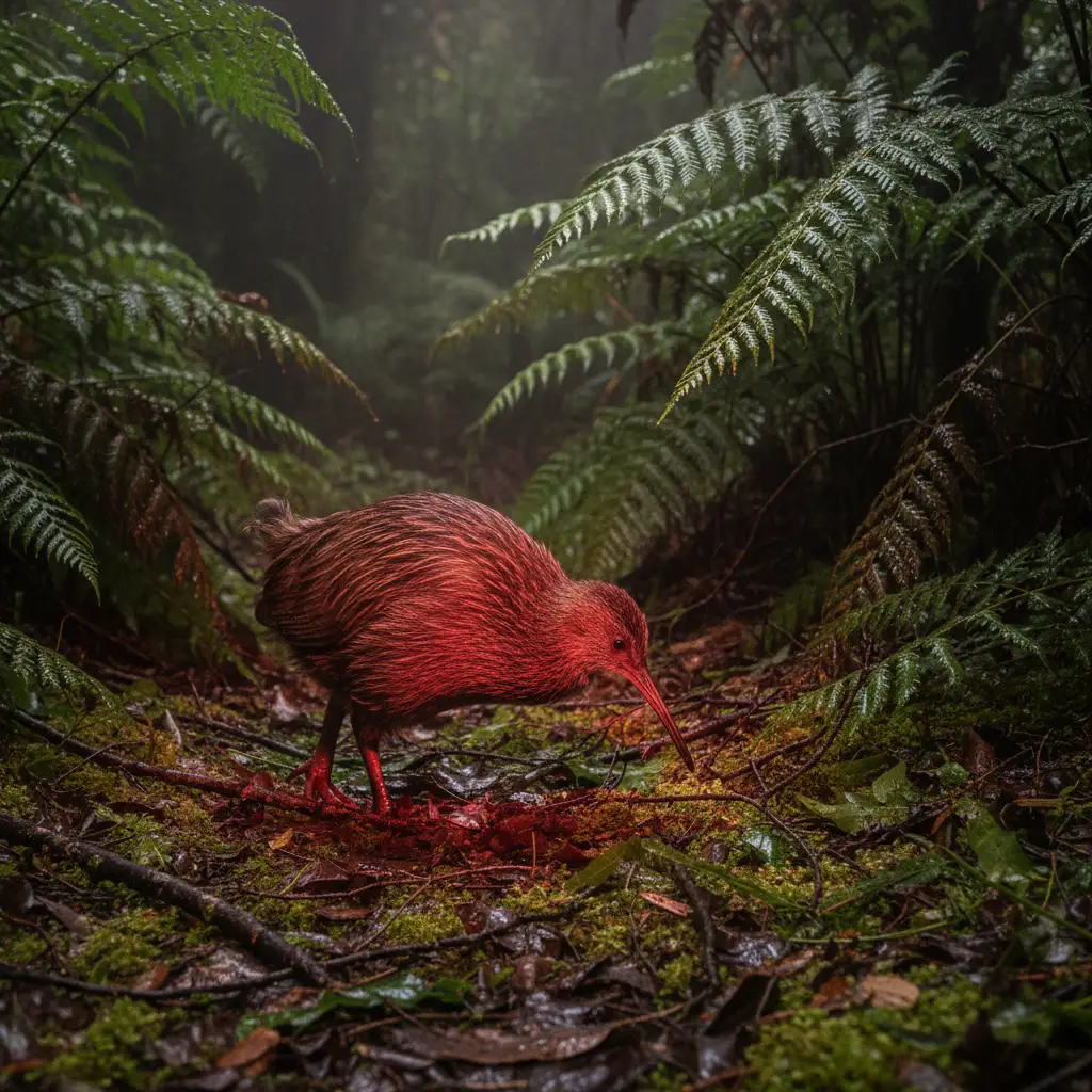 North Island Brown Kiwi foraging in native bush at night