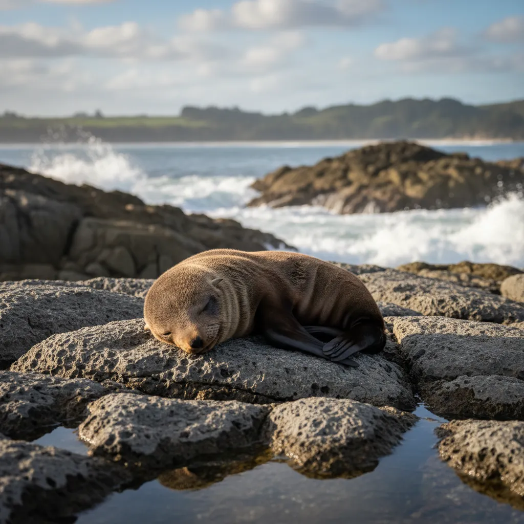 New Zealand Fur Seal pup resting on coastal rocks