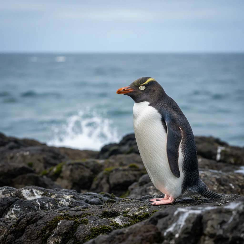 Close up of a Yellow-eyed penguin showing distinct yellow eye band