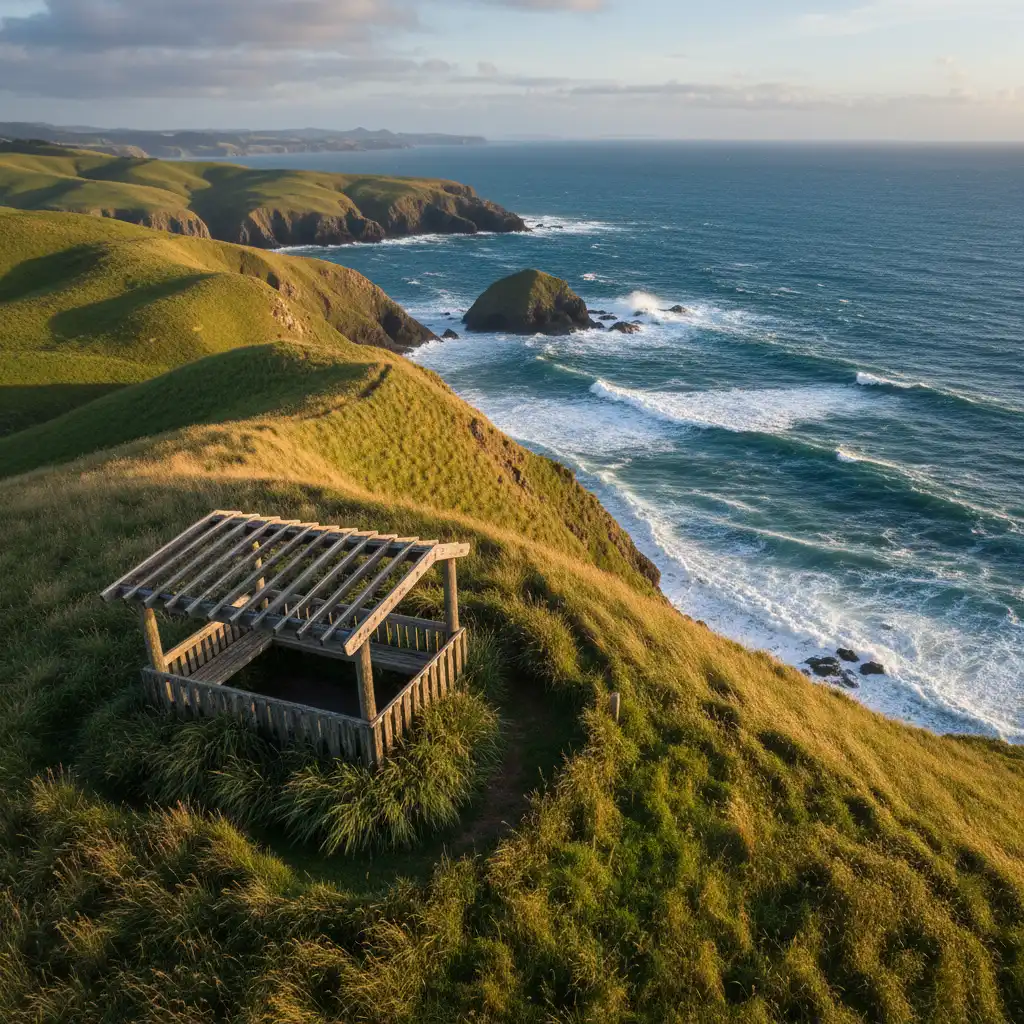 Scenic view of Otago Peninsula coastline with wildlife viewing hide
