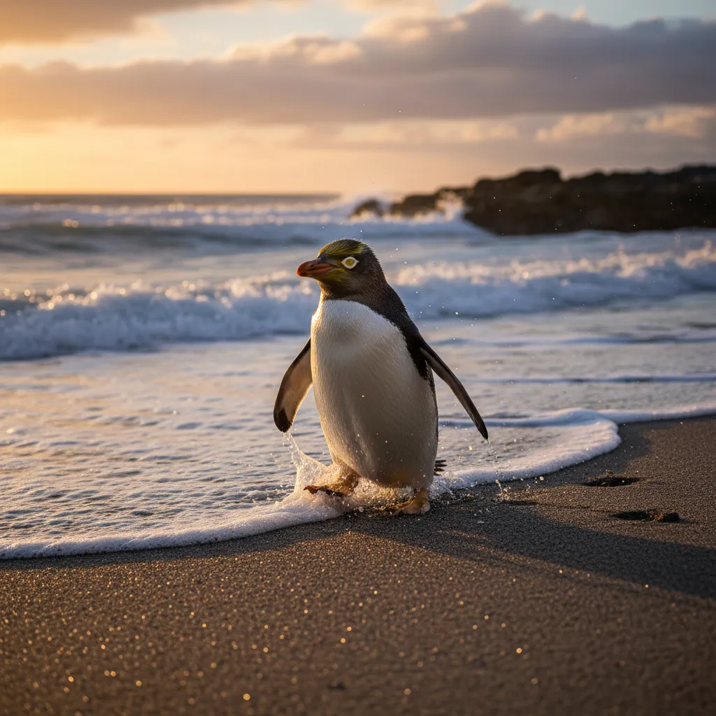 Yellow-eyed penguin emerging from the sea at sunset