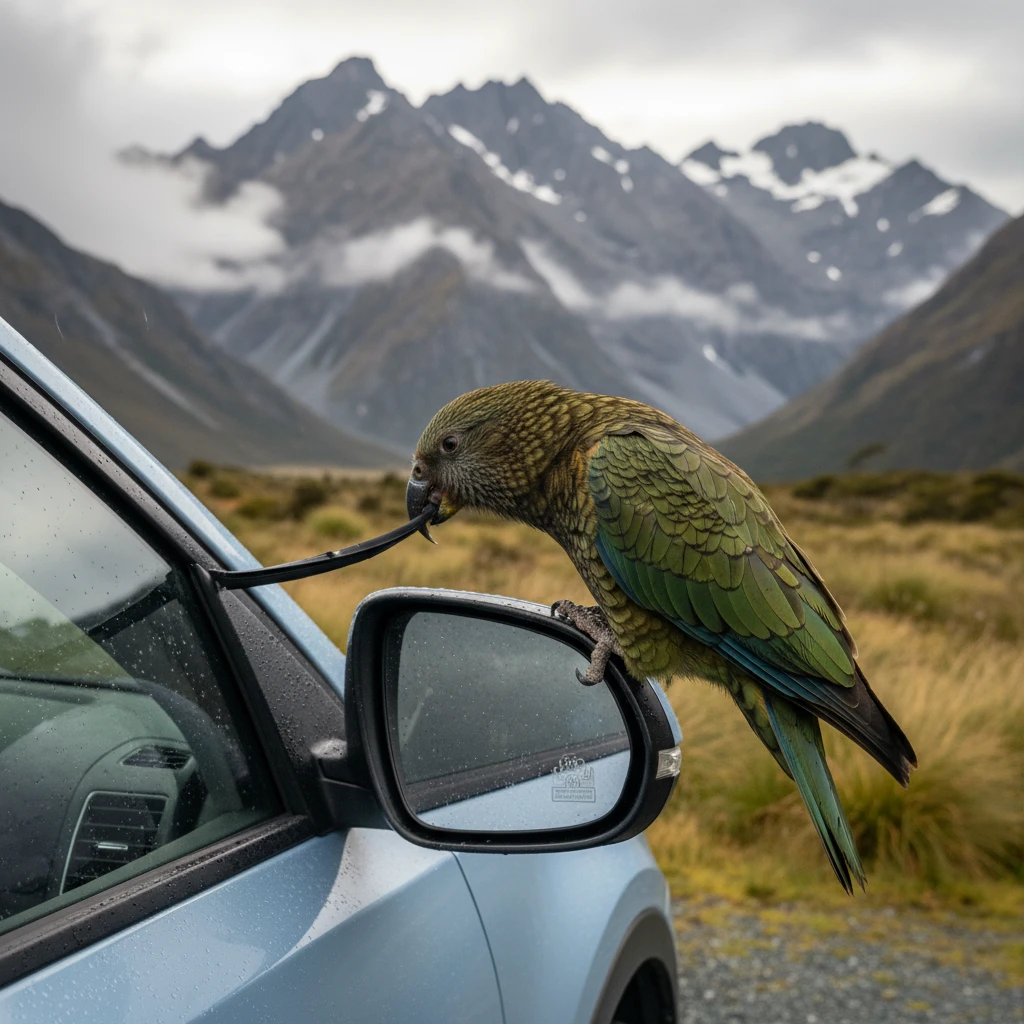 Kea damaging car rubber seals due to curiosity