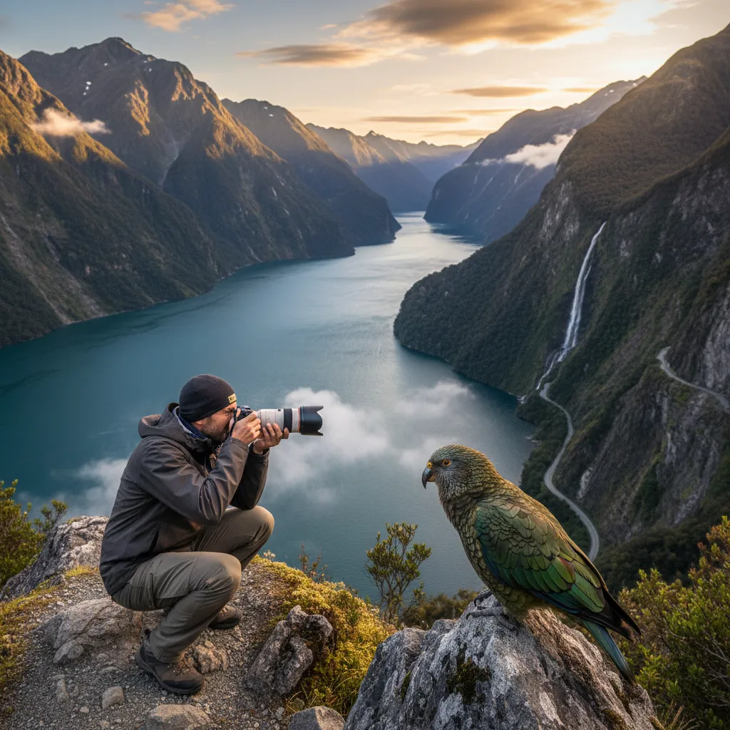 Tourist practicing safe kea interaction rules