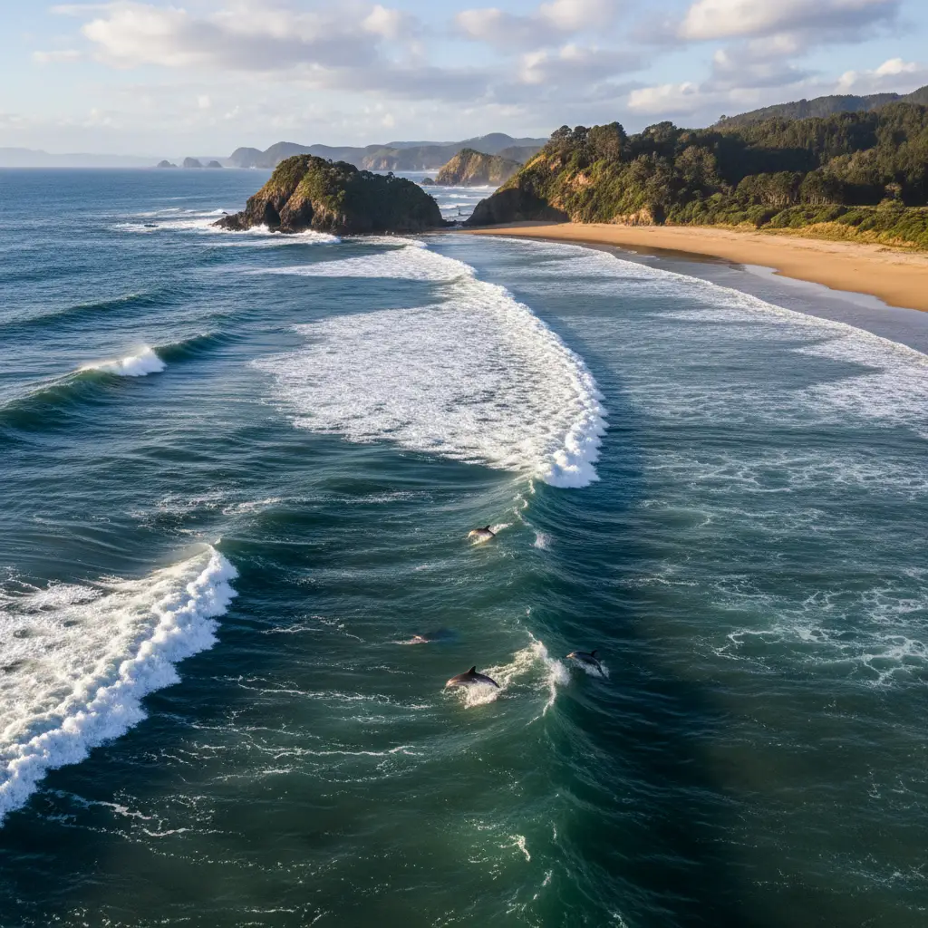 Hector's dolphins surfing waves at Curio Bay