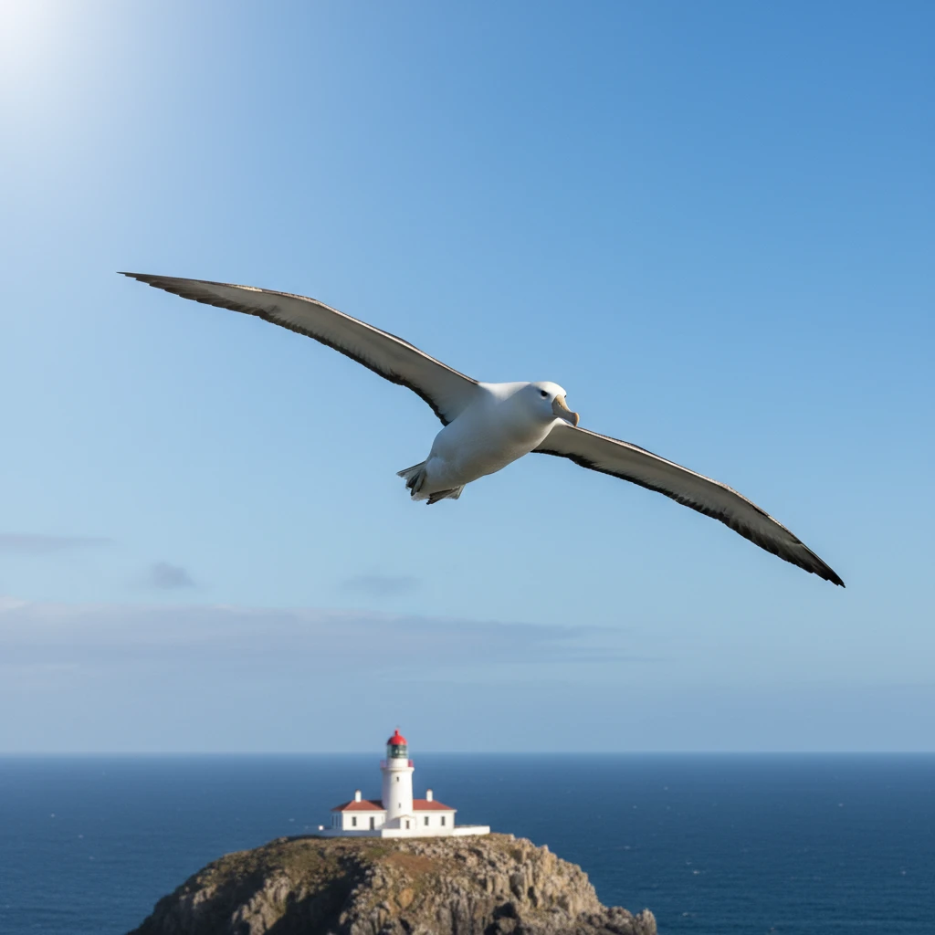 Royal Albatross flying over Taiaroa Head lighthouse Dunedin