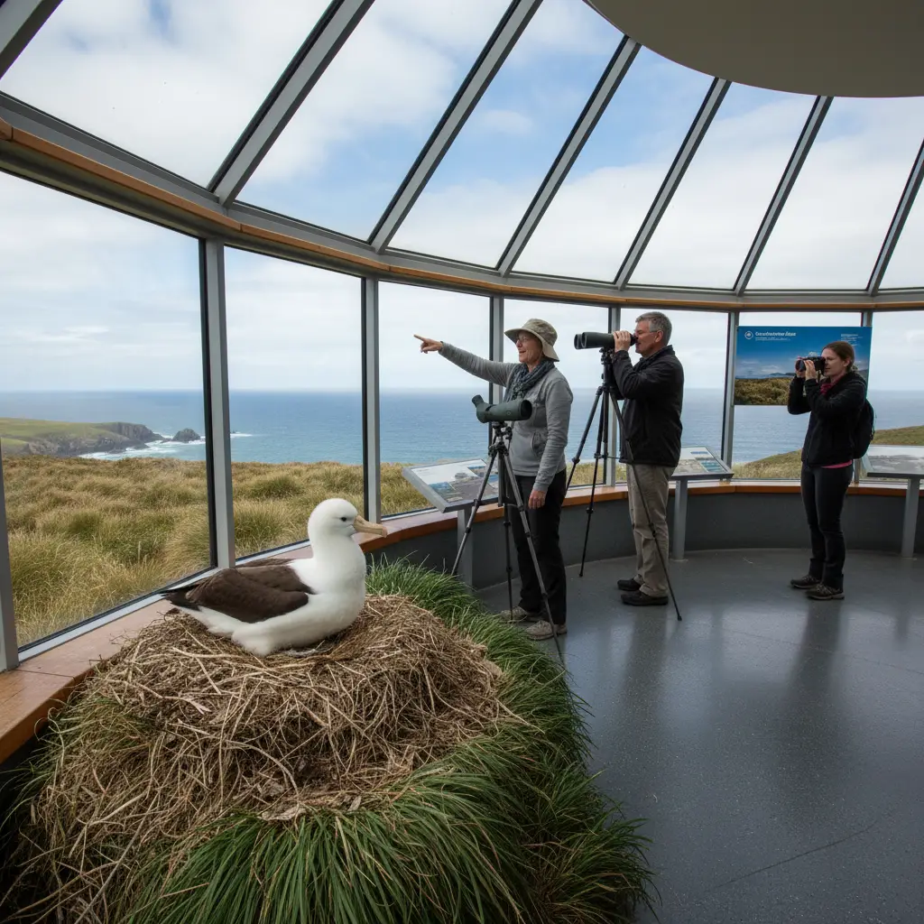 Tourists viewing albatross inside the observatory at Royal Albatross Centre Dunedin