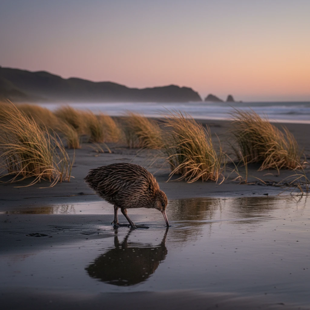 Southern Brown Kiwi foraging on a Stewart Island beach