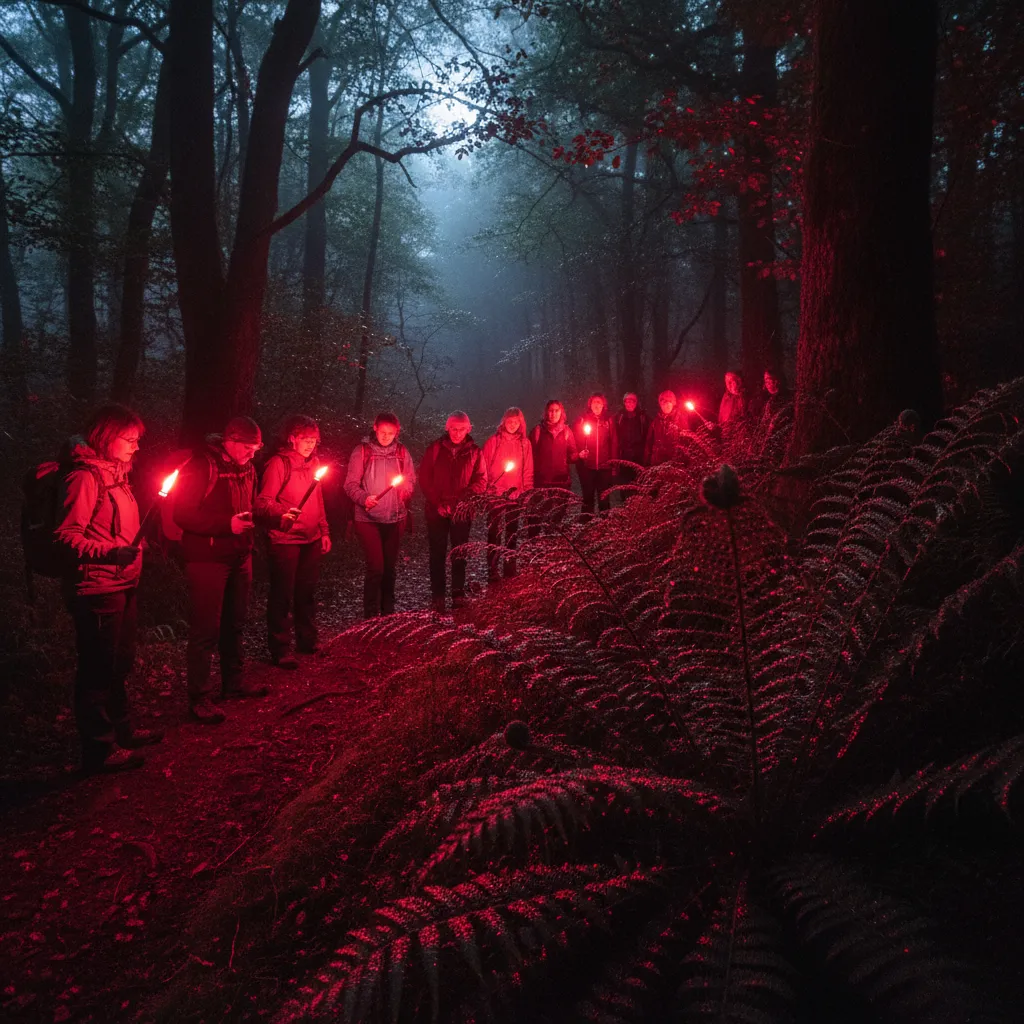 Eco-tourists using red lights to spot wildlife in a sanctuary