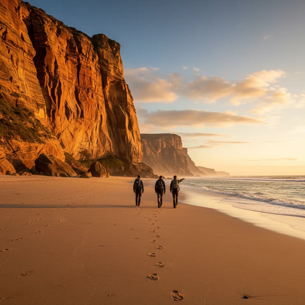 Hikers navigating the Clifton Beach route under towering cliffs