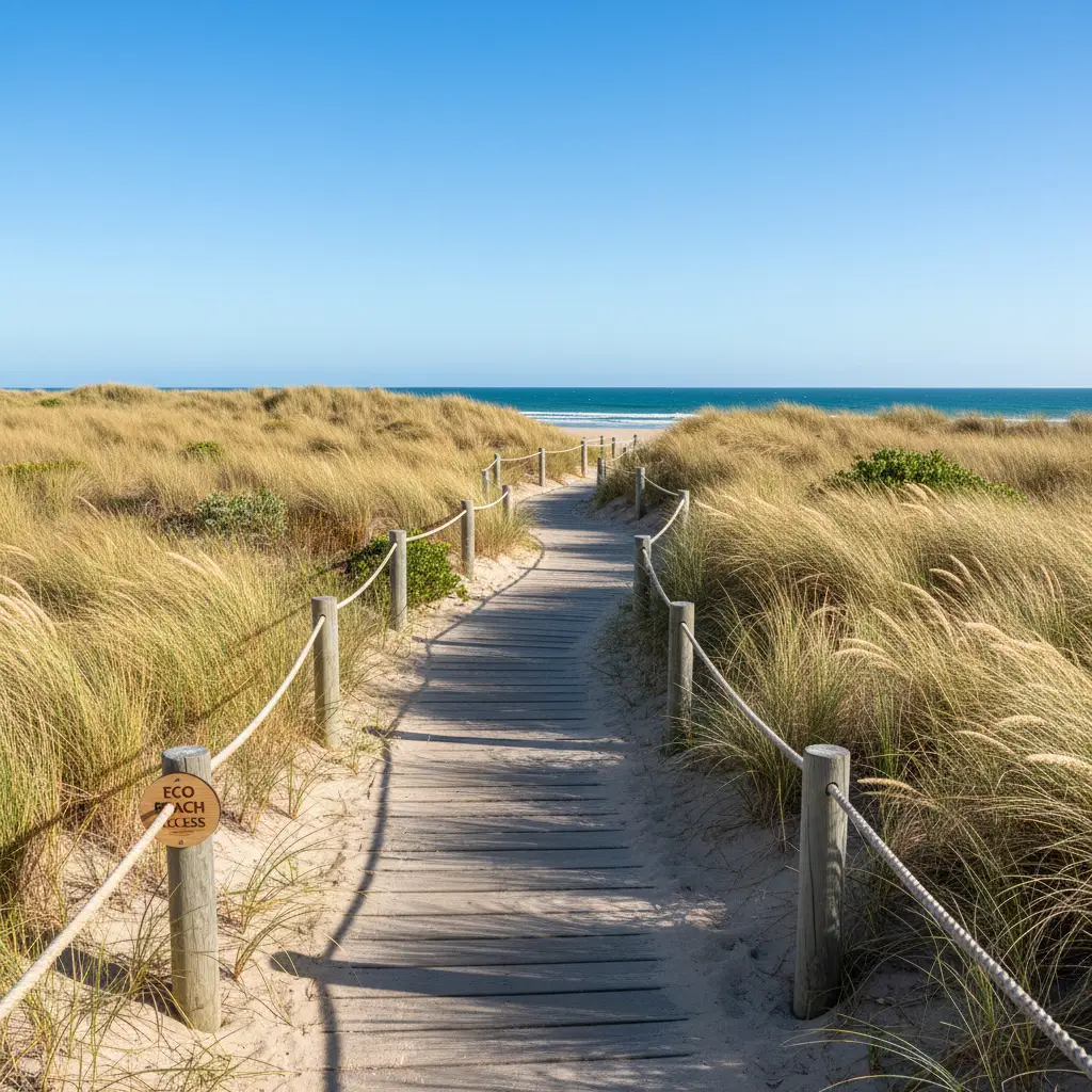 Wooden boardwalk protecting sand dunes and shorebird habitat