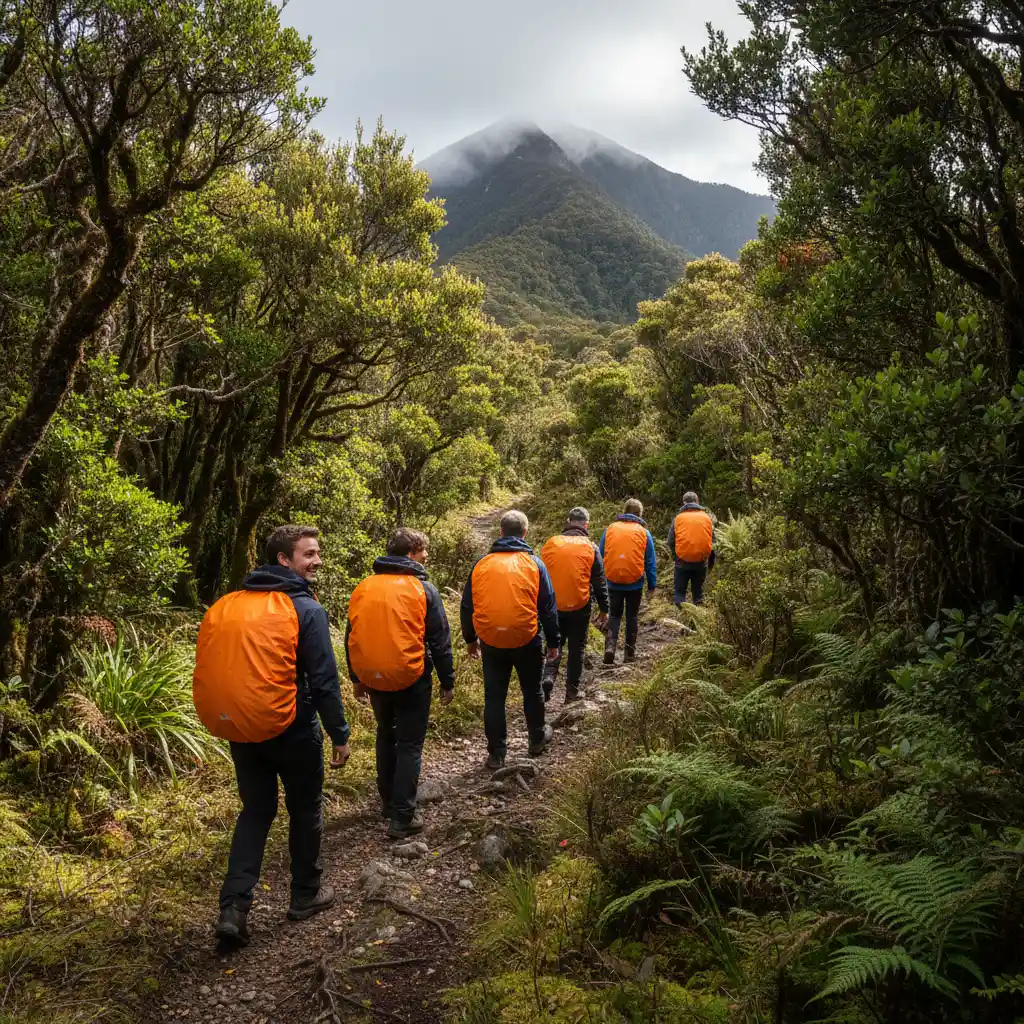 Hikers wearing blaze orange safety gear in New Zealand