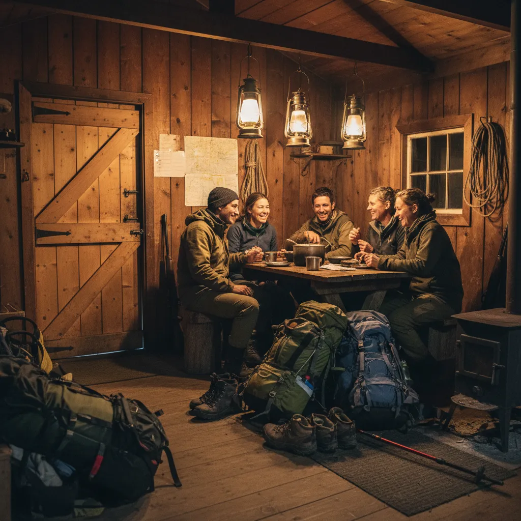 Hikers and hunters sharing a backcountry hut in New Zealand