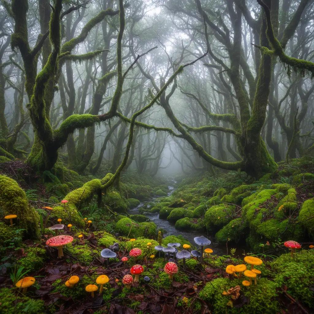 Misty beech forest in Fiordland ideal for foraging