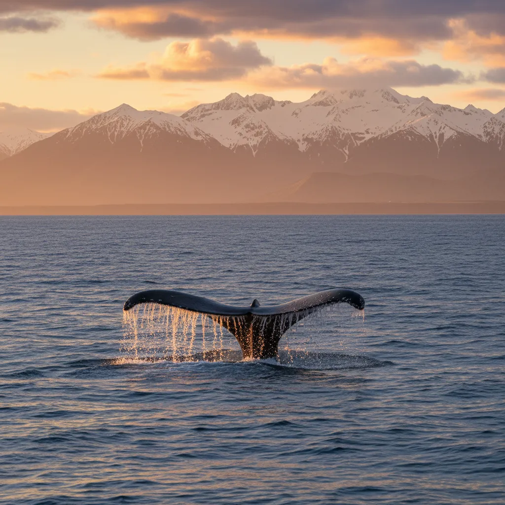 Sperm Whale diving off the coast of Kaikoura with mountains in background