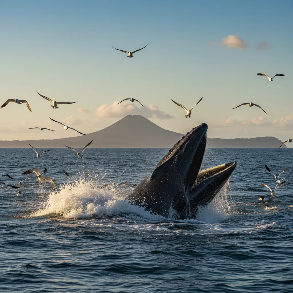 Bryde's Whale lunge feeding in Hauraki Gulf with seabirds