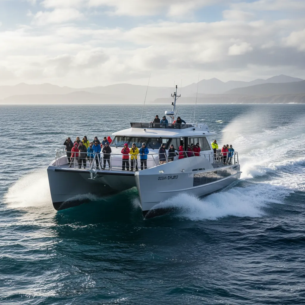 Whale watching boat navigating choppy waters