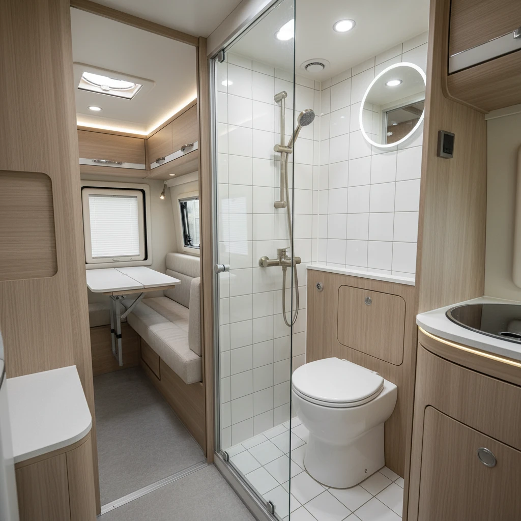 Interior of a certified self-contained campervan with a fixed toilet
