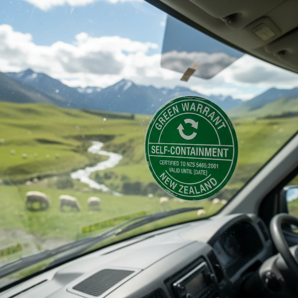 Green Warrant self-containment sticker on a campervan