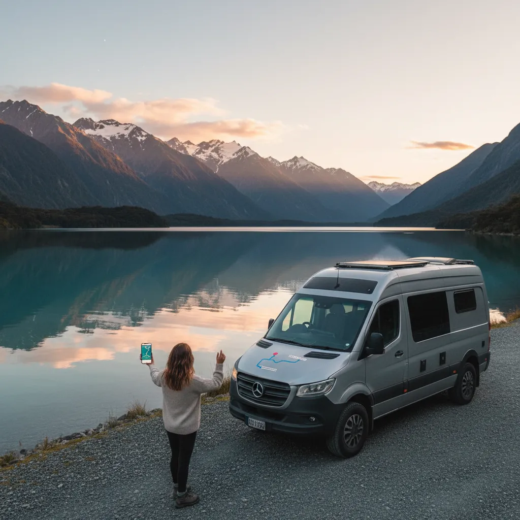 Traveler using freedom camping app next to a campervan in New Zealand