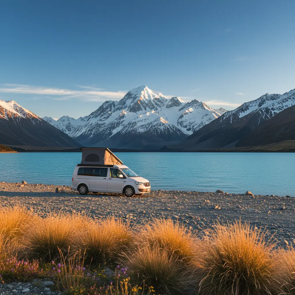Freedom camping vehicle at Lake Pukaki with views of Mount Cook