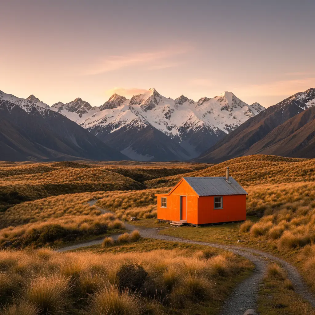 Classic New Zealand DOC Backcountry Hut in the Southern Alps