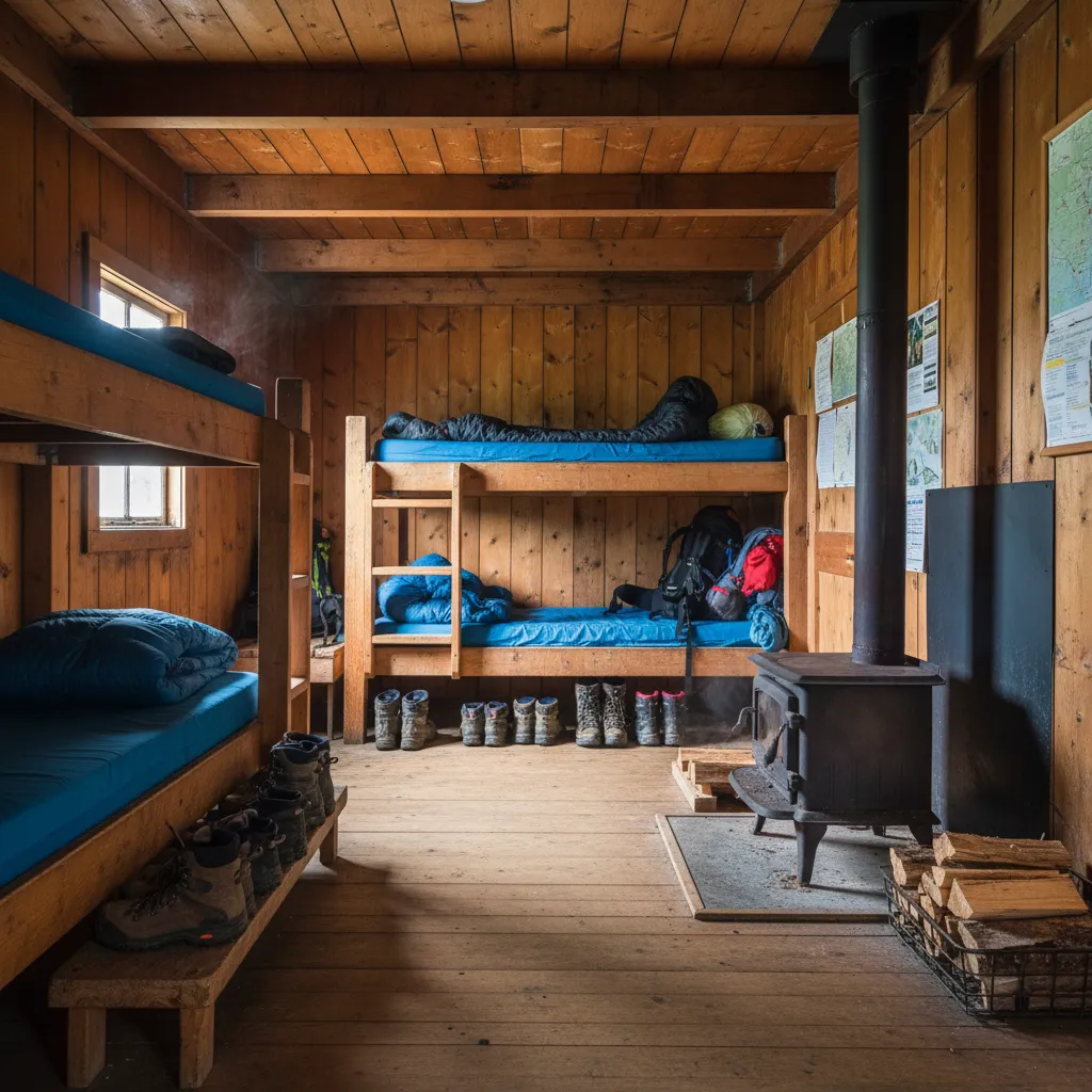 Interior of a Standard DOC Hut with bunks and wood stove