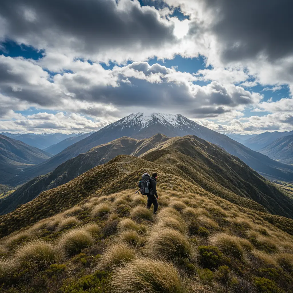 Hiker exploring New Zealand backcountry ridge line
