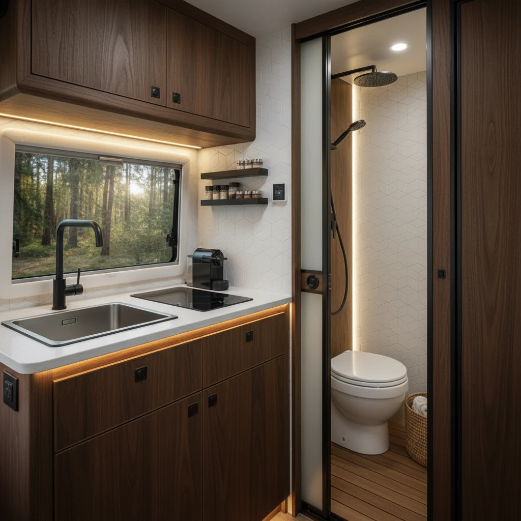 Interior of a self-contained van showing fixed plumbing and kitchen amenities