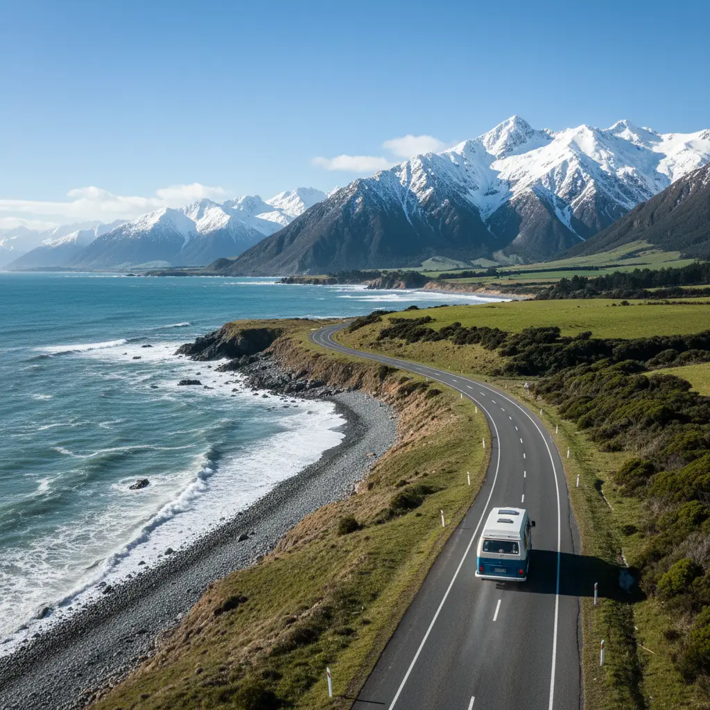 Campervan driving on scenic coastal road in New Zealand South Island