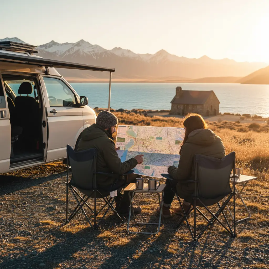 Couple planning route with map near Lake Tekapo