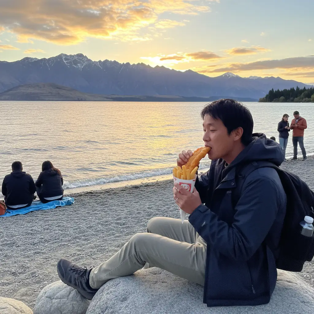 Traveler enjoying cheap eats Queenstown by Lake Wakatipu