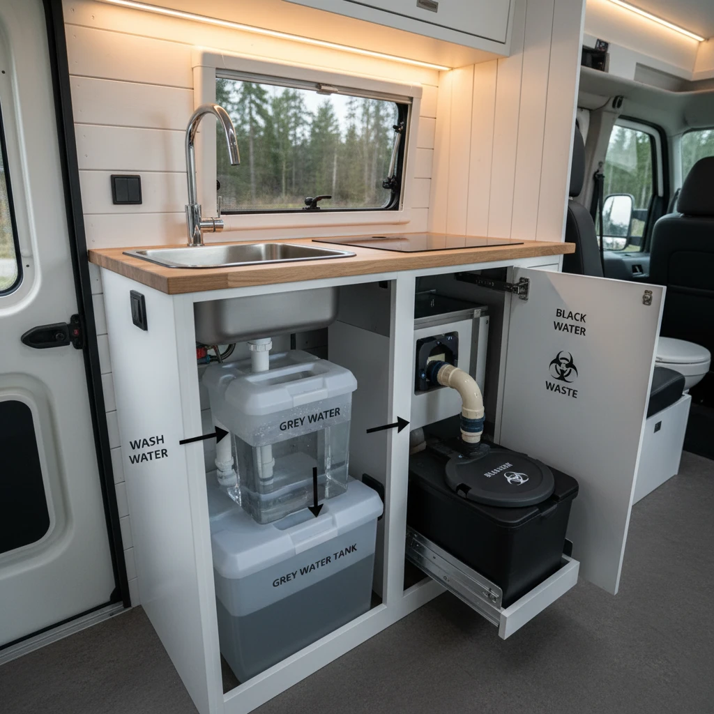 Campervan interior showing kitchen sink and toilet cassette