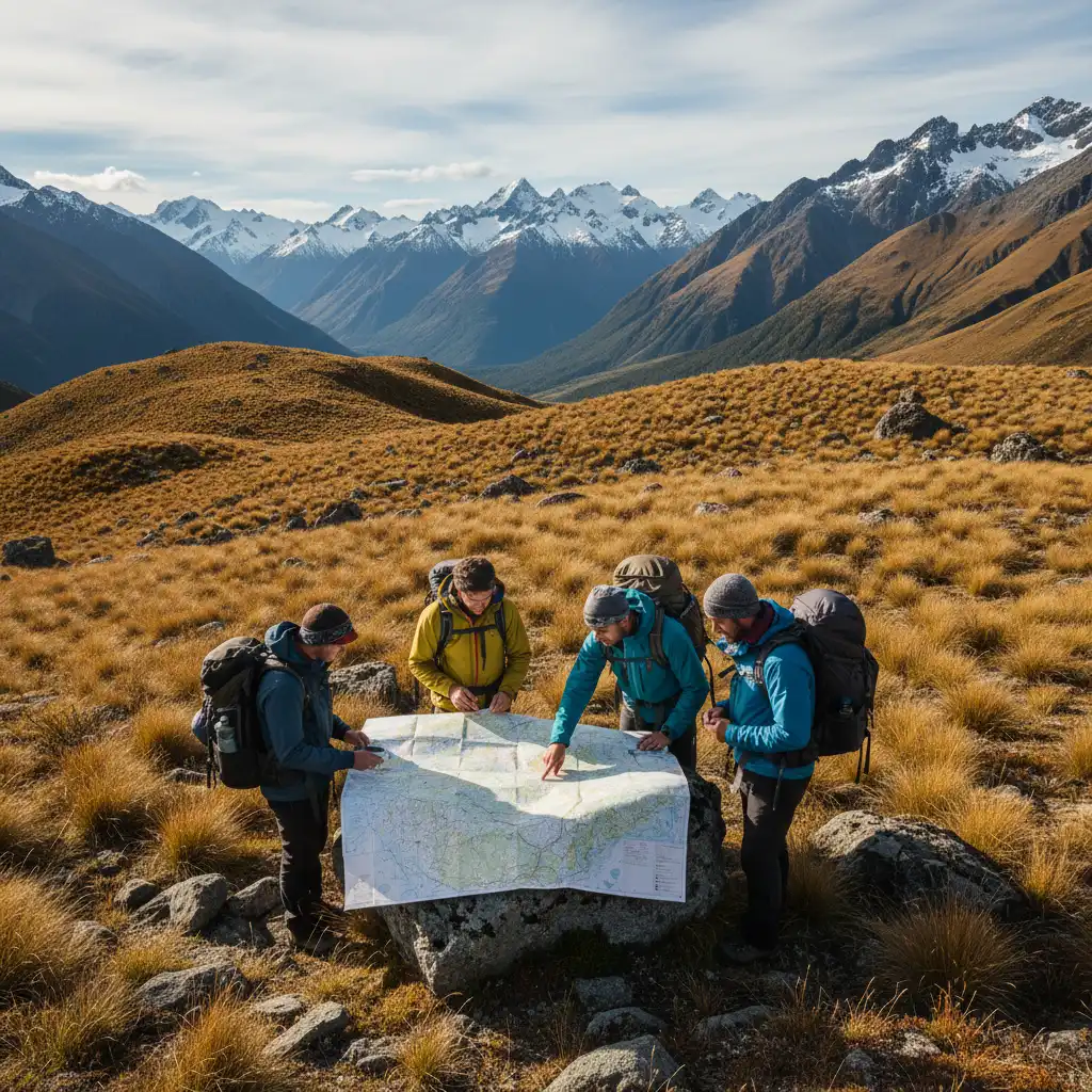 Hikers planning their route using a topographic map in New Zealand mountains