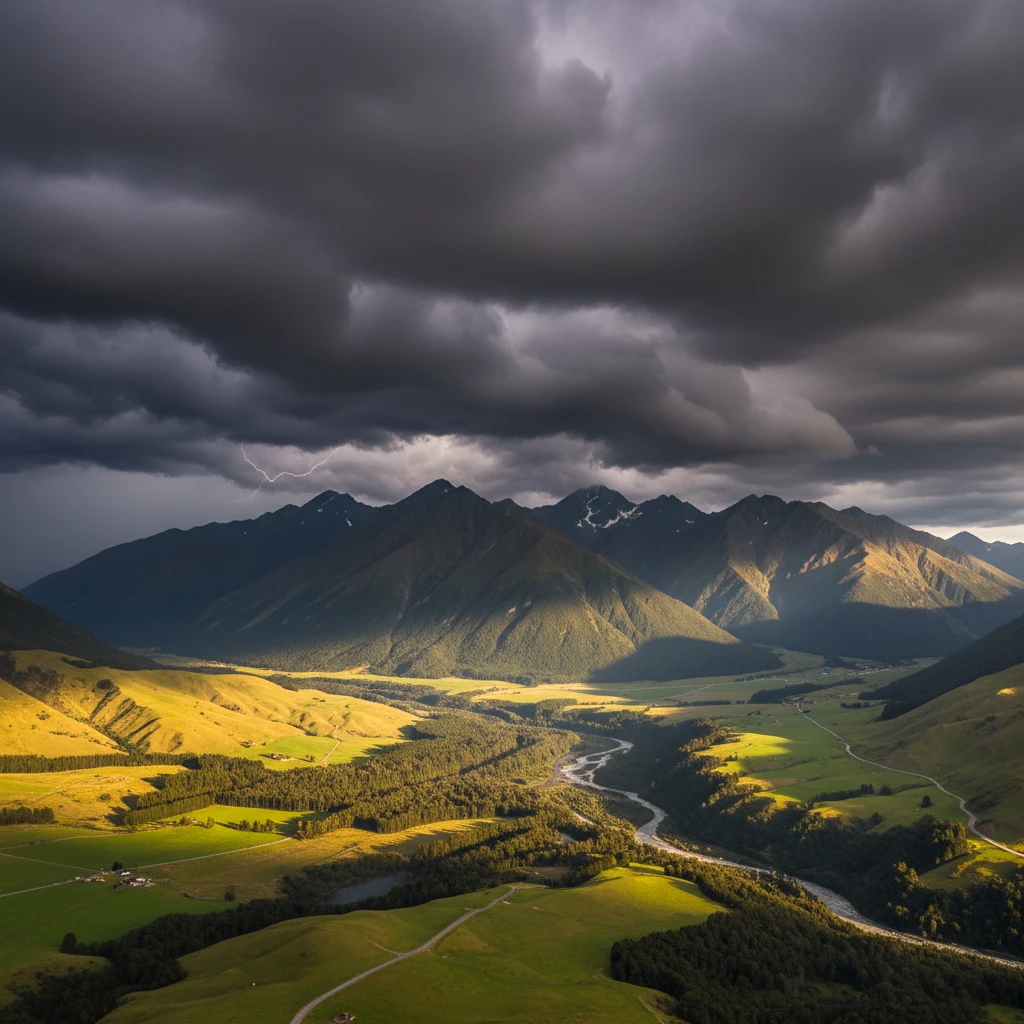 Storm clouds over New Zealand Southern Alps indicating changing weather