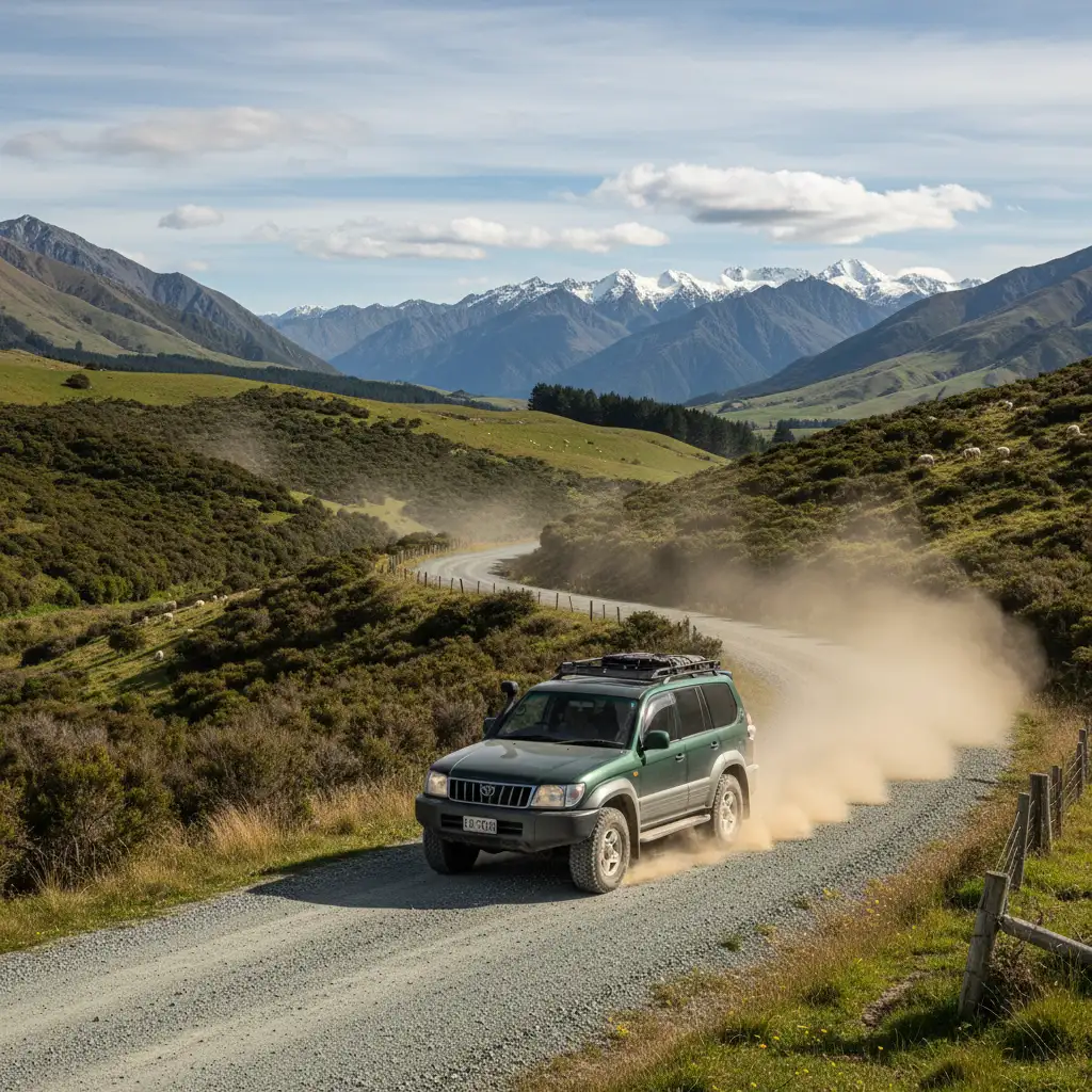 4WD vehicle driving on a gravel road in New Zealand remote area