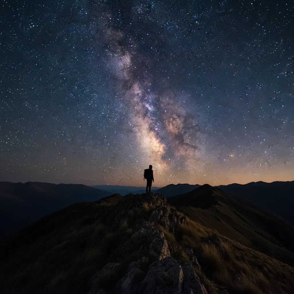 Hiker observing the Milky Way in a remote Dark Sky Sanctuary NZ