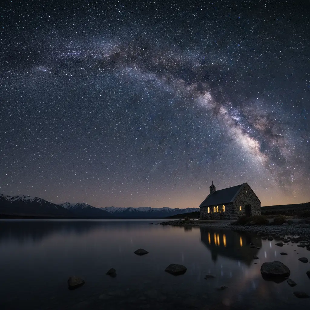 The Milky Way arching over Lake Tekapo in the Aoraki Mackenzie Dark Sky Reserve