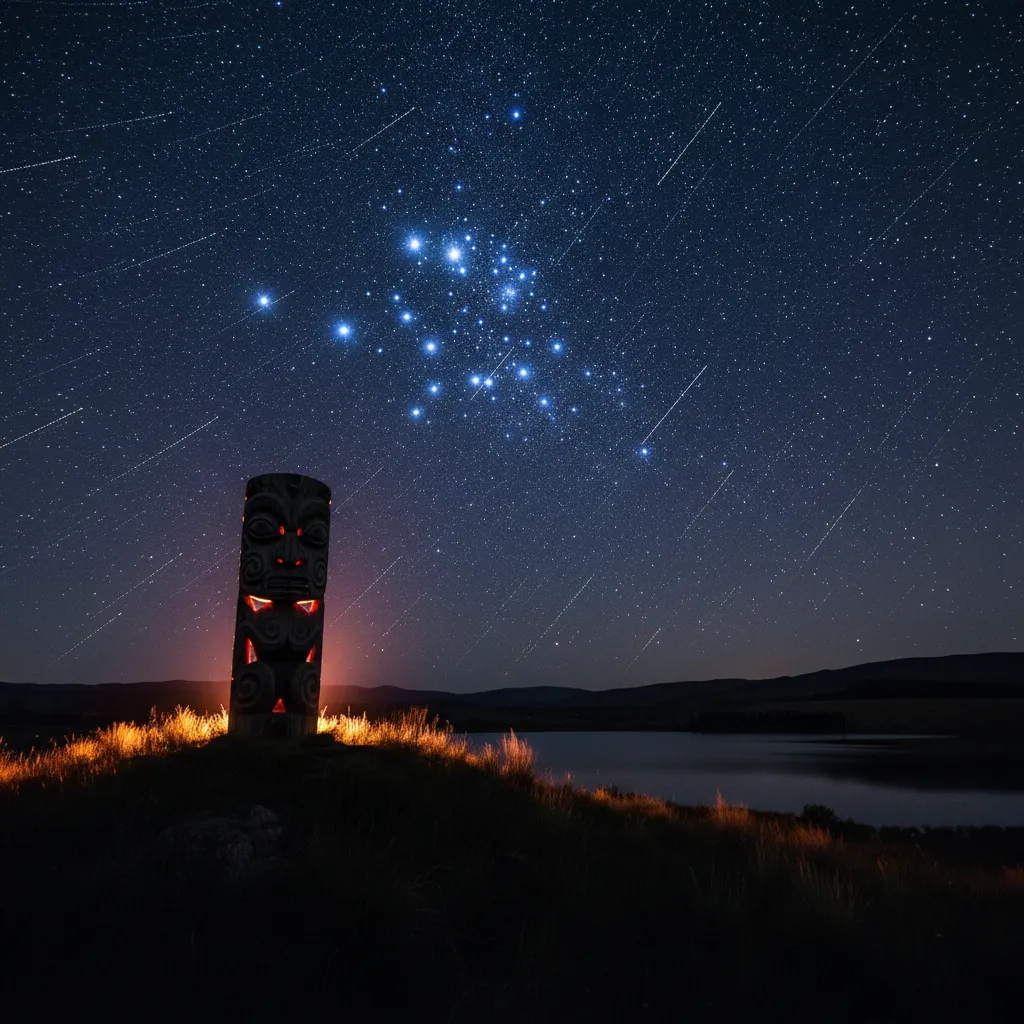 Maori carving silhouette against a starry night sky featuring Matariki