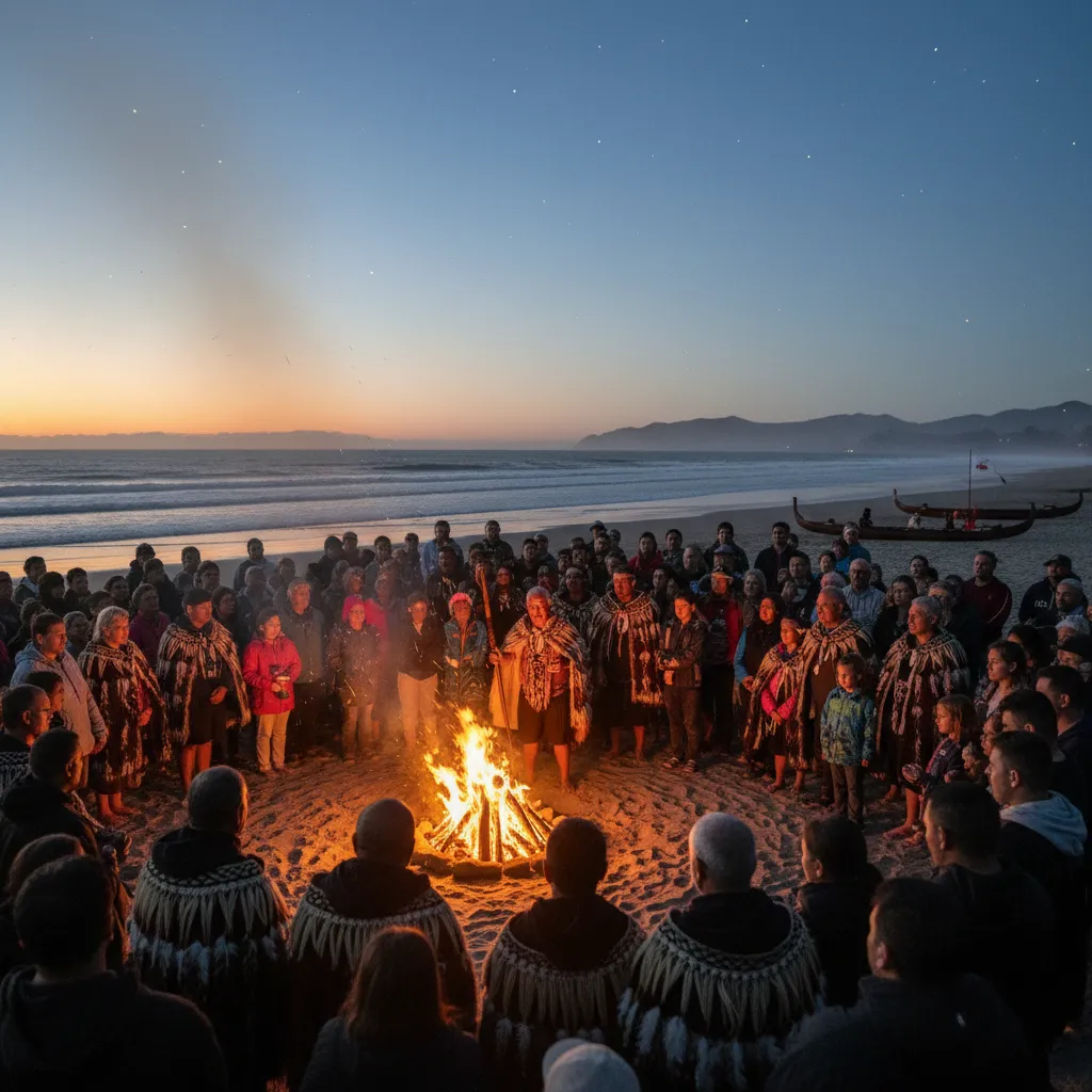 Community gathering for Matariki celebrations around a fire
