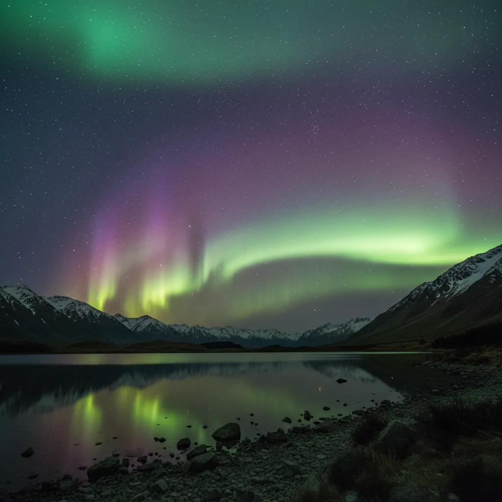 Vibrant Aurora Australis over a New Zealand lake