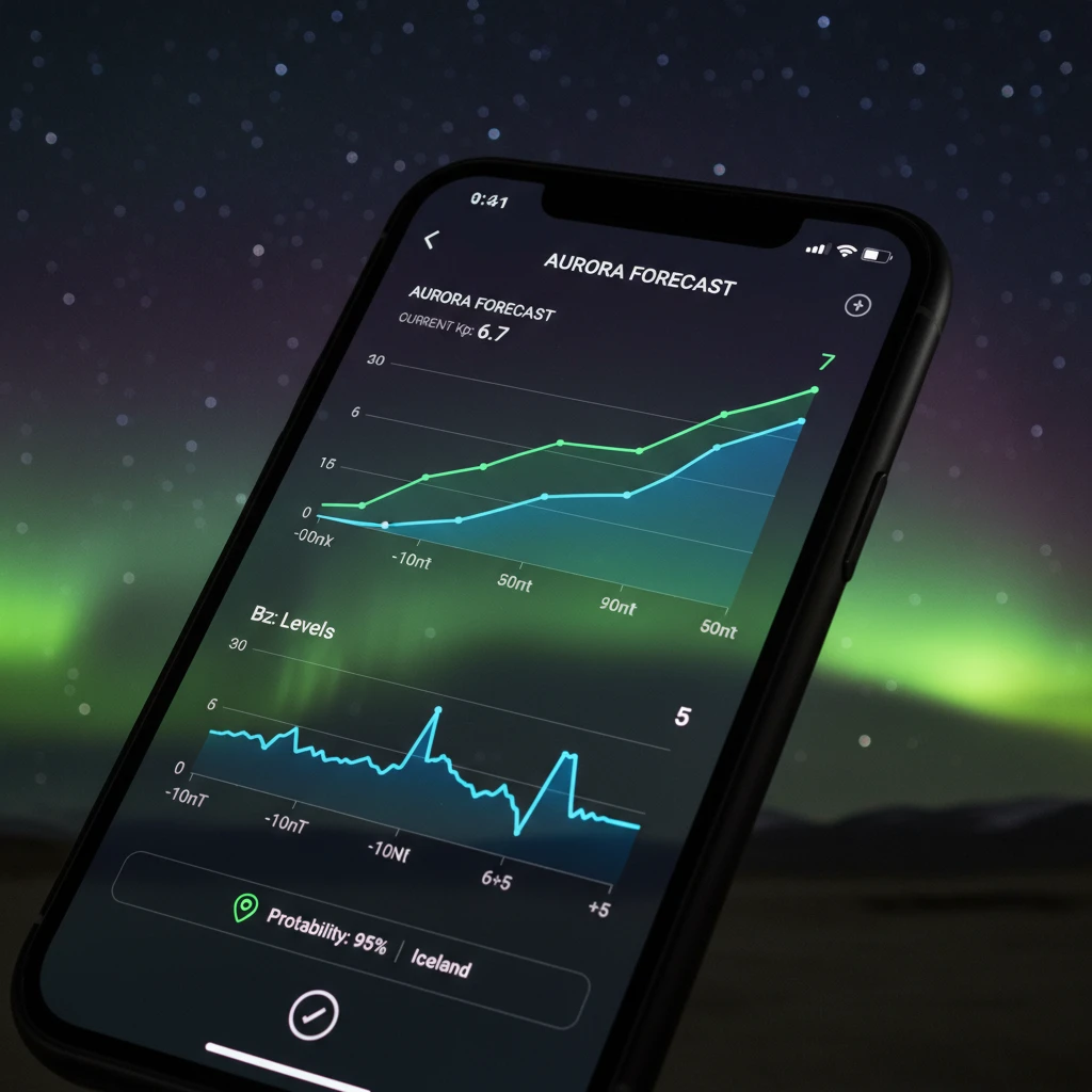 Smartphone displaying aurora forecast metrics