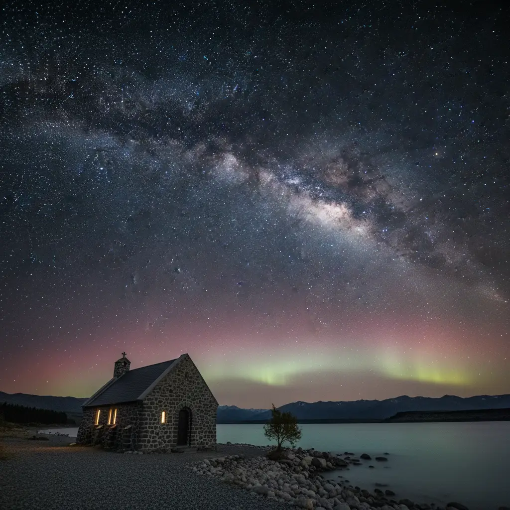 Lake Tekapo Church of the Good Shepherd under night sky