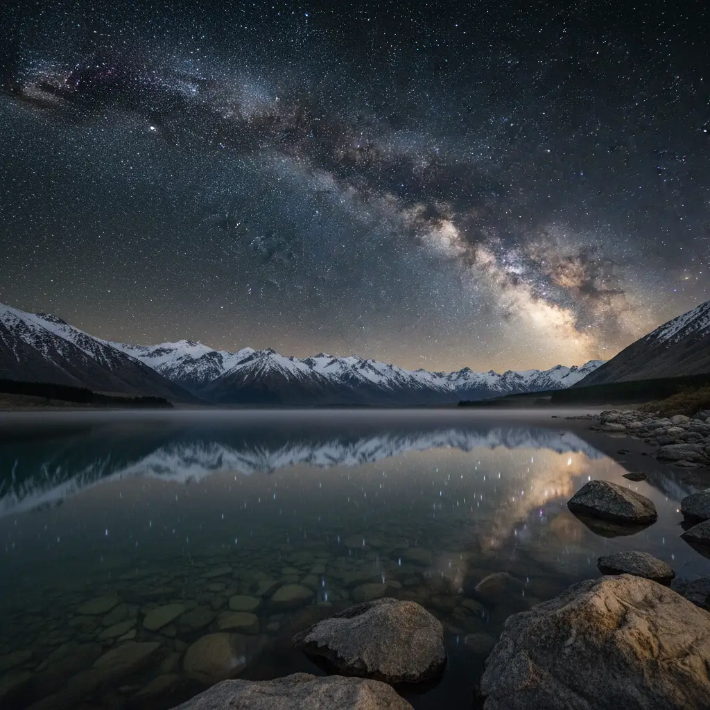 Milky Way over New Zealand Southern Alps with reflection